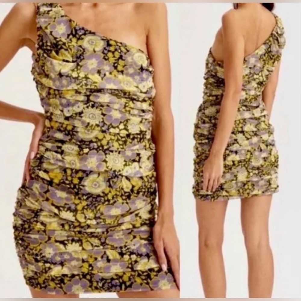 NWT Zara Floral Ruched Tiered One Shoulder Mini Dress size XS